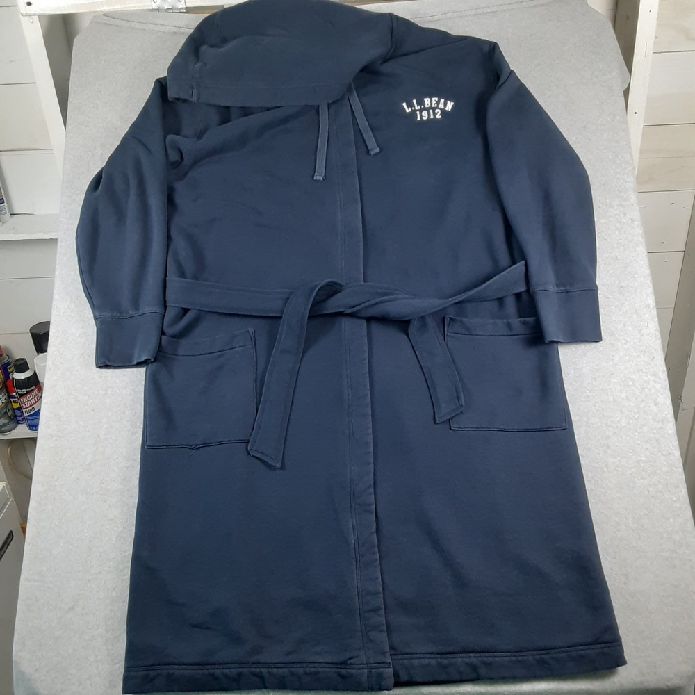 LL Bean Heavy Rugby Robe Men's Medium Gray Flannel Lined Hooded Belted 503742